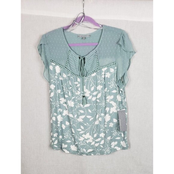 Daniel Rainn Blouse Top L Green White Floral Boho Tassel Tie Dainty Feminine - Picture 1 of 10
